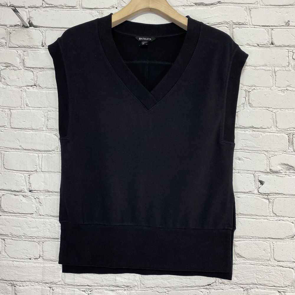 Athleta Women‎ XS Retroterry V Neck Sweatshirt Black Sleeveless Tee Top Athletic